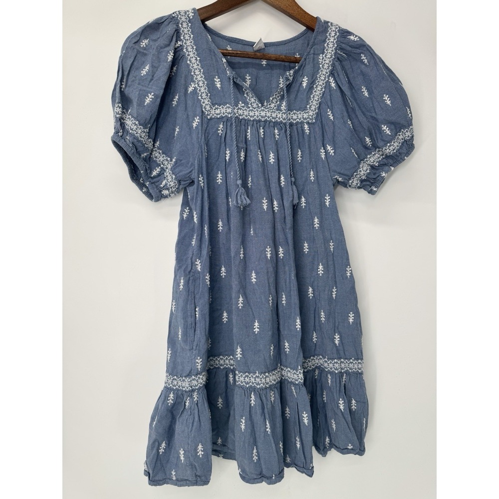 Old Navy Blue Boho Peasant Dress cottagecore embroidered tassel festival boho XS - Picture 2 of 8